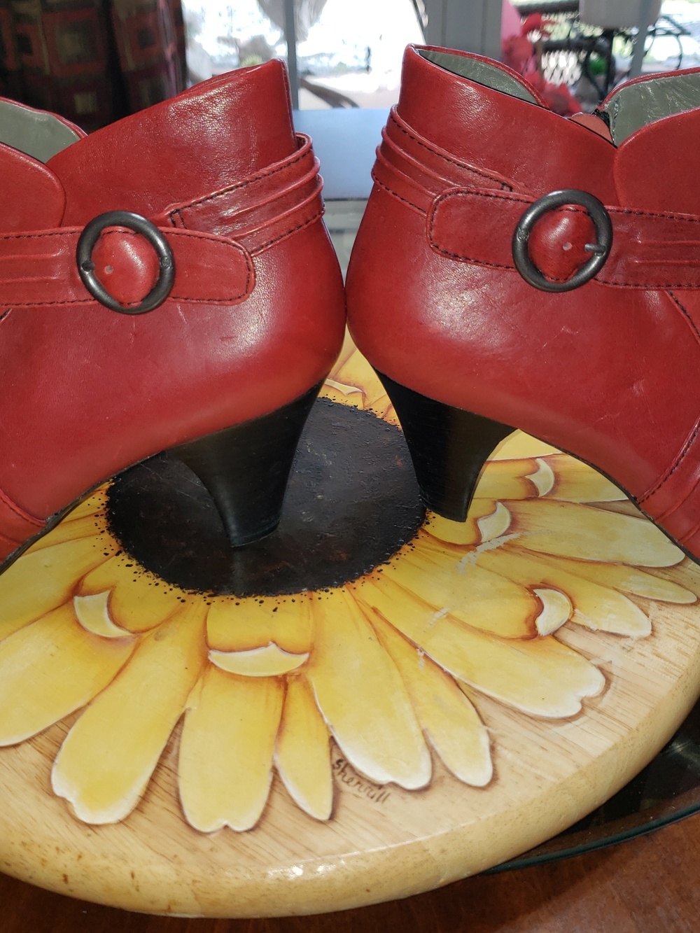 💘🖤EARTH ODYSSEY HEELED ANKLE BOOTS BOOTIES RED LEATHER WITH BUCKLE 9.5/41